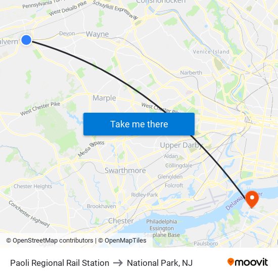 Paoli Regional Rail Station to National Park, NJ map