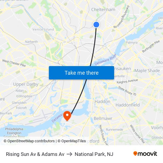 Rising Sun Av & Adams Av to National Park, NJ map