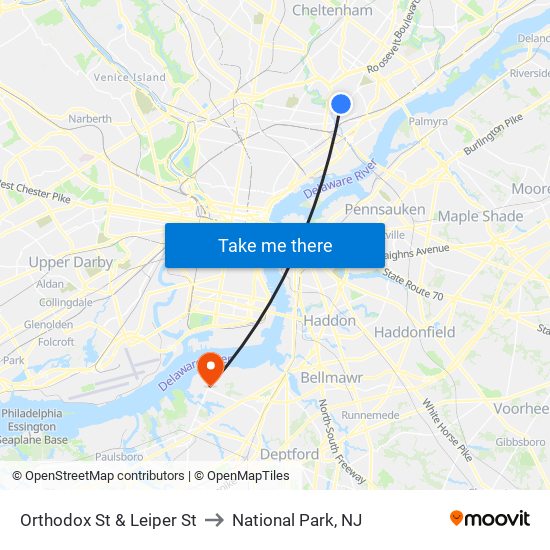 Orthodox St & Leiper St to National Park, NJ map
