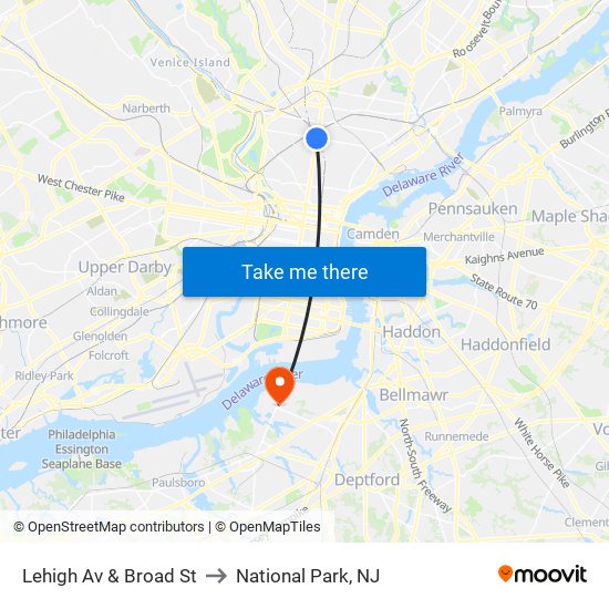 Lehigh Av & Broad St to National Park, NJ map
