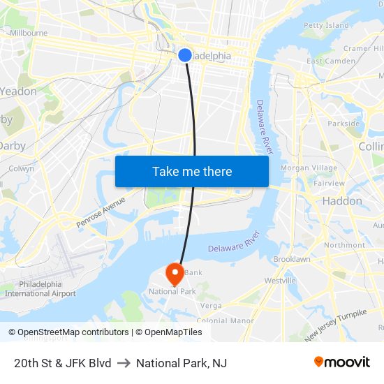 20th St & JFK Blvd to National Park, NJ map