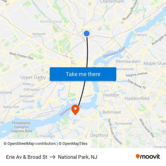 Erie Av & Broad St to National Park, NJ map