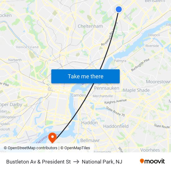 Bustleton Av & President St to National Park, NJ map