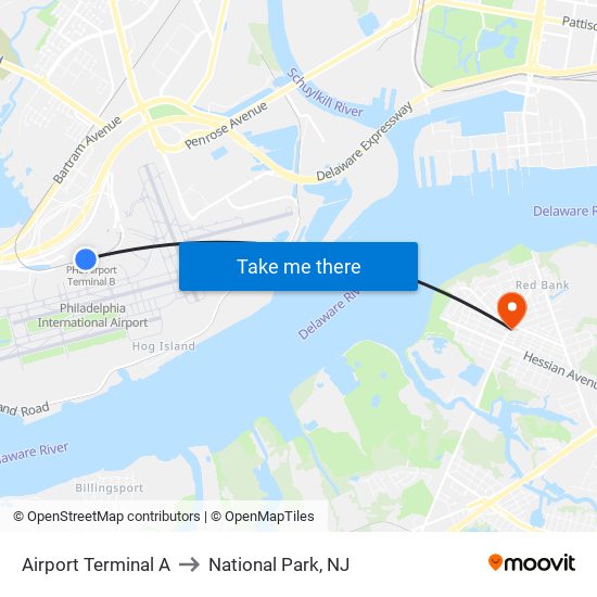 Airport Terminal A to National Park, NJ map