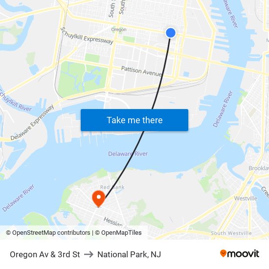 Oregon Av & 3rd St to National Park, NJ map