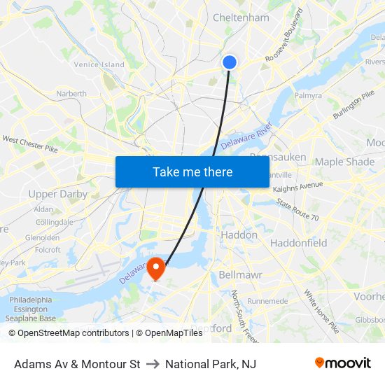 Adams Av & Montour St to National Park, NJ map