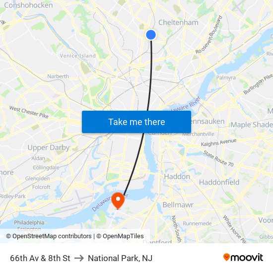 66th Av & 8th St to National Park, NJ map