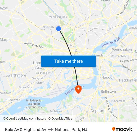 Bala Av & Highland Av to National Park, NJ map