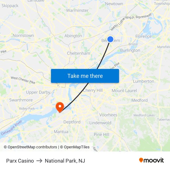Parx Casino to National Park, NJ map