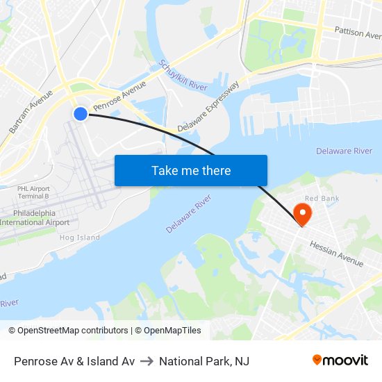 Penrose Av & Island Av to National Park, NJ map