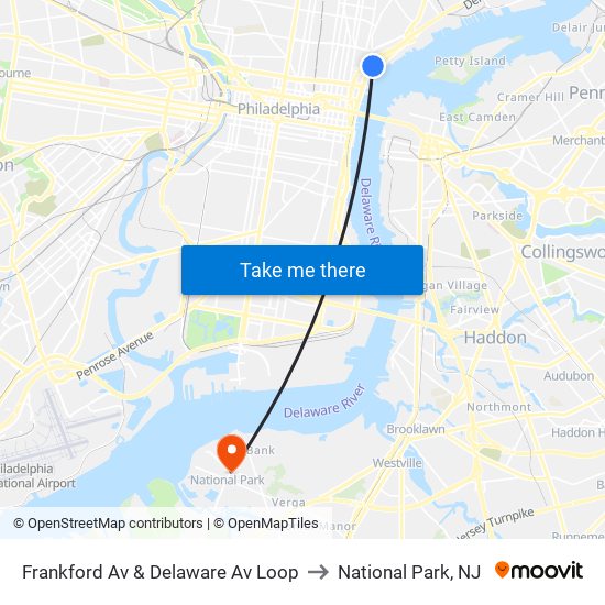 Frankford Av & Delaware Av Loop to National Park, NJ map