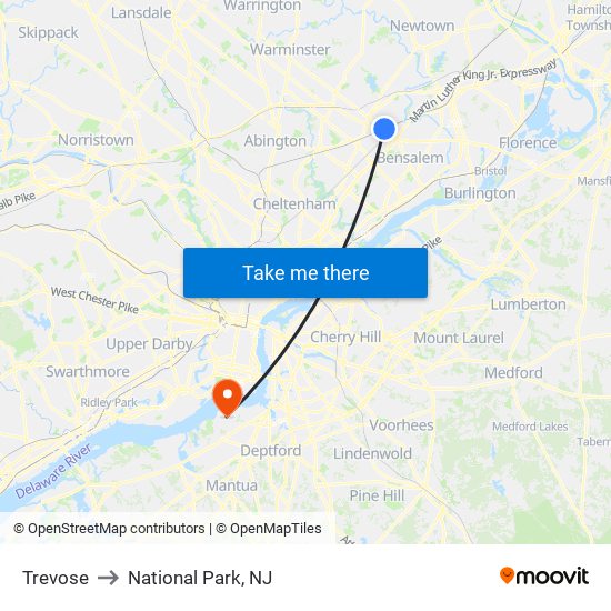 Trevose to National Park, NJ map