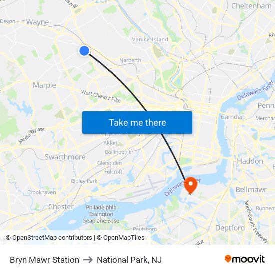 Bryn Mawr Station to National Park, NJ map