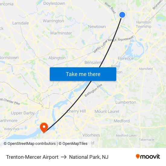 Trenton-Mercer Airport to National Park, NJ map