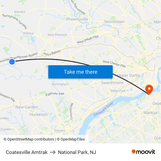 Coatesville Amtrak to National Park, NJ map