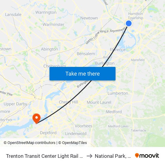 Trenton Transit Center Light Rail Sta to National Park, NJ map