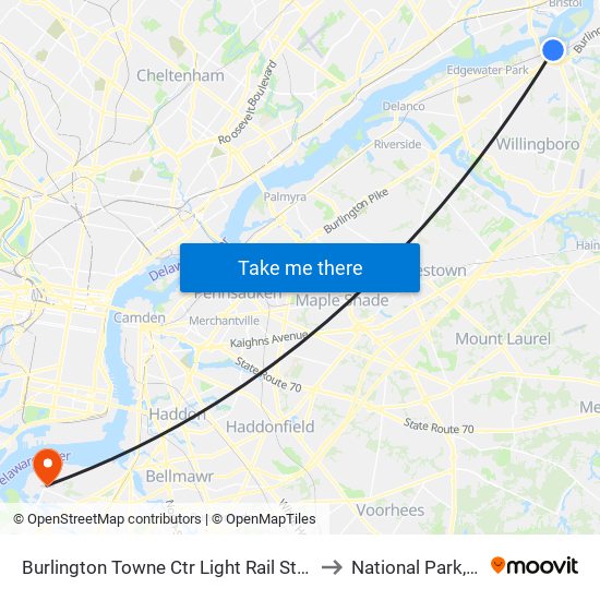 Burlington Towne Ctr Light Rail Station to National Park, NJ map