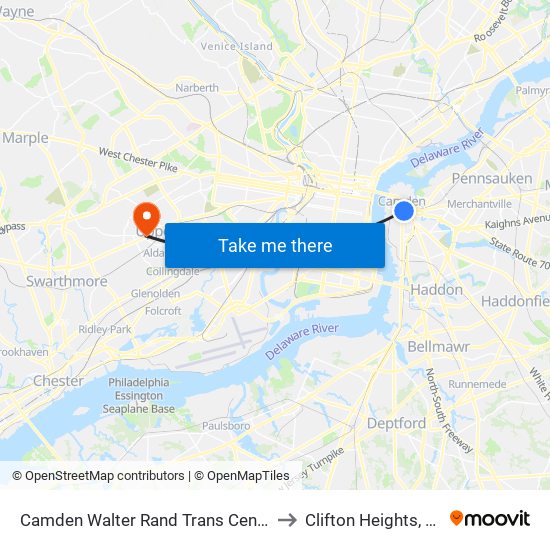 Camden Walter Rand Trans Center to Clifton Heights, PA map