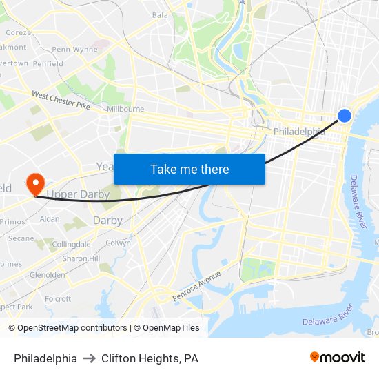 Philadelphia to Clifton Heights, PA map