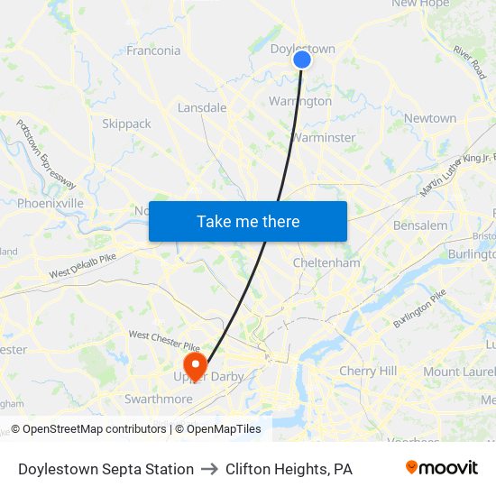 Doylestown Septa Station to Clifton Heights, PA map