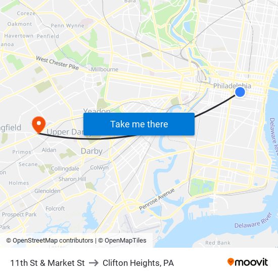 11th St & Market St to Clifton Heights, PA map