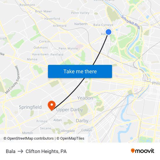 Bala to Clifton Heights, PA map
