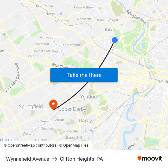 Wynnefield Avenue to Clifton Heights, PA map
