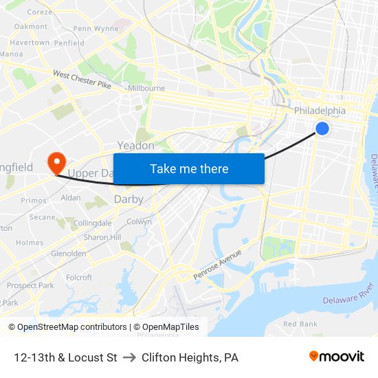 12-13th & Locust St to Clifton Heights, PA map