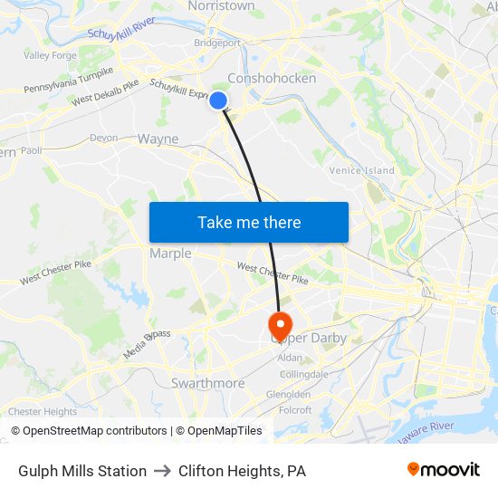 Gulph Mills Station to Clifton Heights, PA map