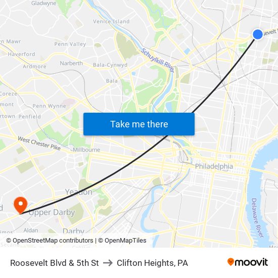 Roosevelt Blvd & 5th St to Clifton Heights, PA map