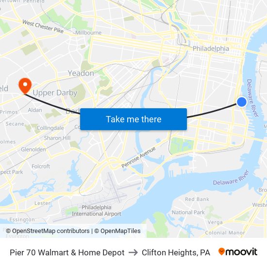 Pier 70 Walmart & Home Depot to Clifton Heights, PA map