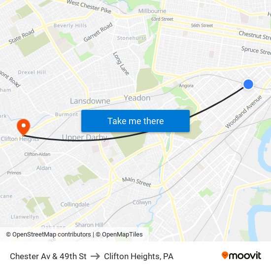 Chester Av & 49th St to Clifton Heights, PA map
