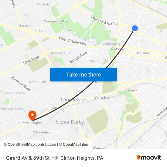 Girard Av & 59th St to Clifton Heights, PA map