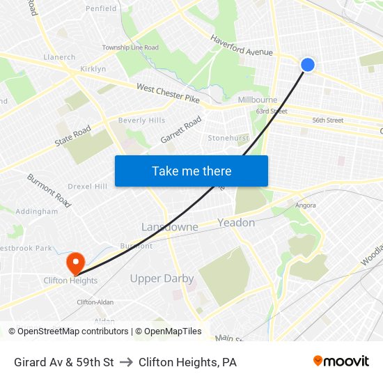 Girard Av & 59th St to Clifton Heights, PA map