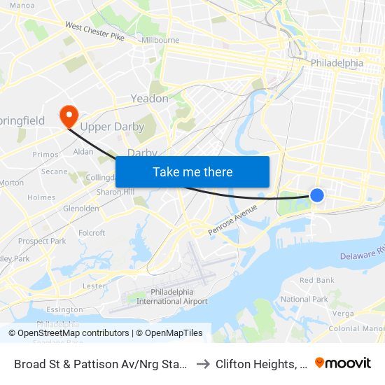 Broad St & Pattison Av/Nrg Station to Clifton Heights, PA map