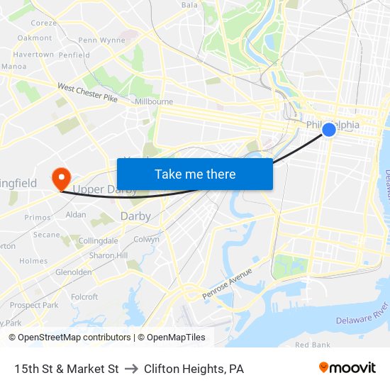 15th St & Market St to Clifton Heights, PA map