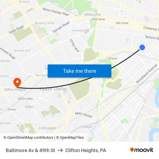 Baltimore Av & 49th St to Clifton Heights, PA map