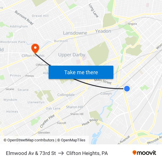 Elmwood Av & 73rd St to Clifton Heights, PA map