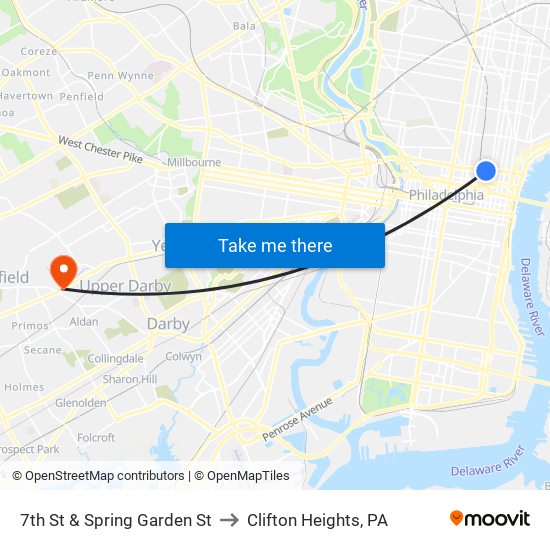 7th St & Spring Garden St to Clifton Heights, PA map