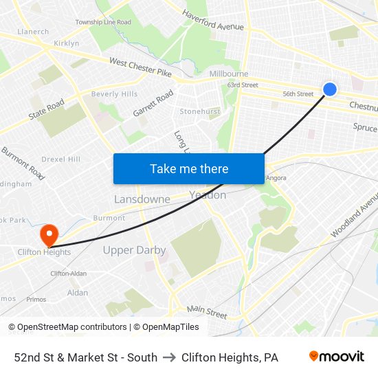 52nd St & Market St - South to Clifton Heights, PA map