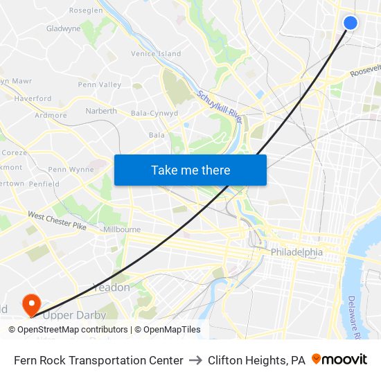 Fern Rock Transit Center to Clifton Heights, PA map