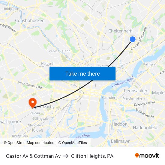 Castor Av & Cottman Av to Clifton Heights, PA map