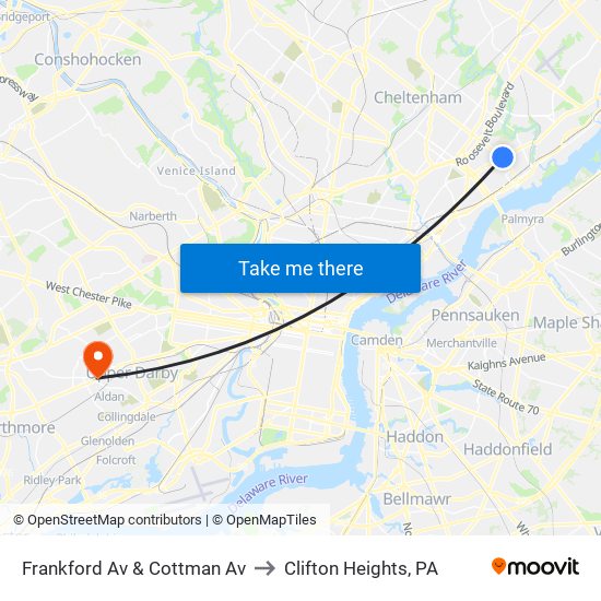 Frankford Av & Cottman Av to Clifton Heights, PA map