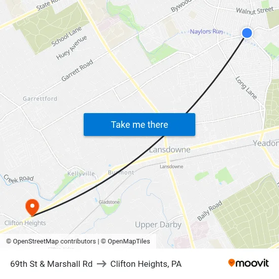 69th St & Marshall Rd to Clifton Heights, PA map