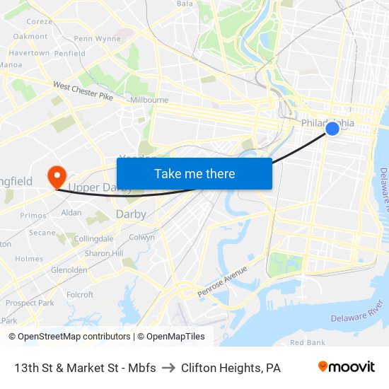 13th St & Market St - Mbfs to Clifton Heights, PA map