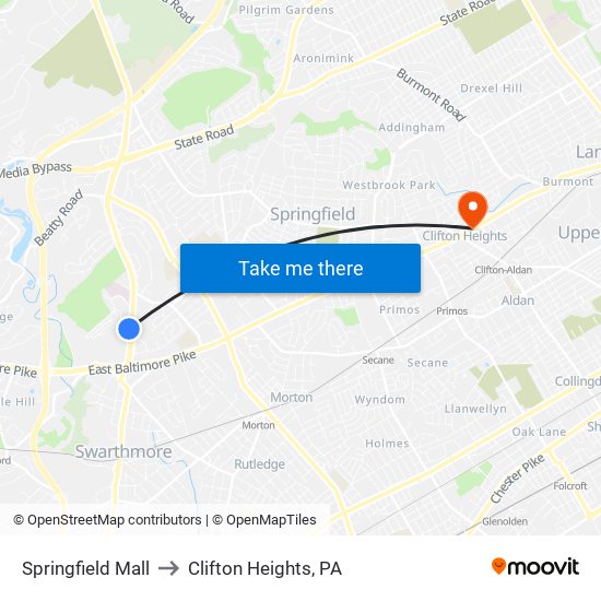 Springfield Mall to Clifton Heights, PA map