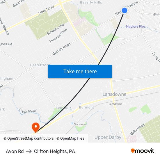 Avon Rd to Clifton Heights, PA map