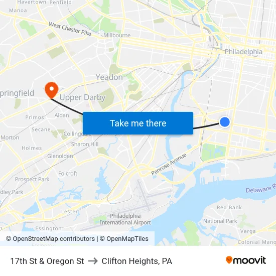 17th St & Oregon St to Clifton Heights, PA map