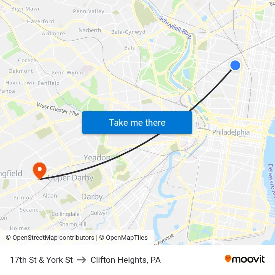 17th St & York St to Clifton Heights, PA map