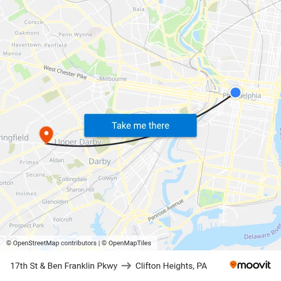 17th St & Ben Franklin Pkwy to Clifton Heights, PA map